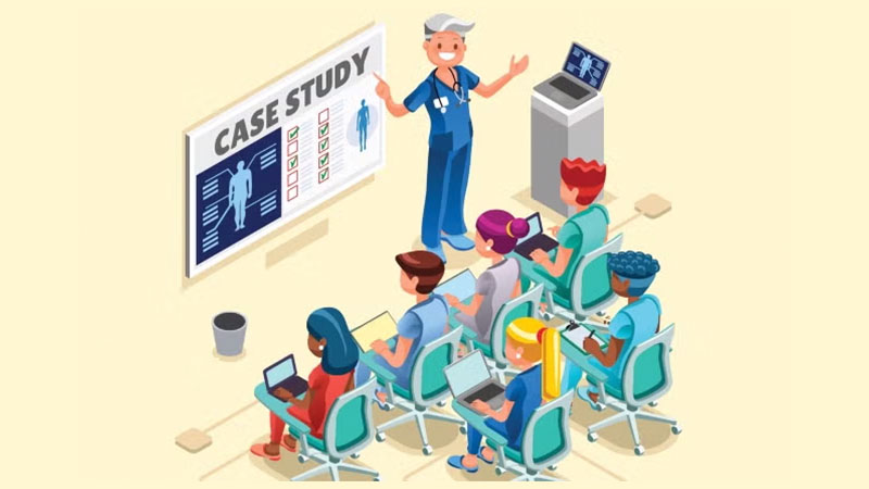 An animated image showing a medical case study presentation with students and a presenter.